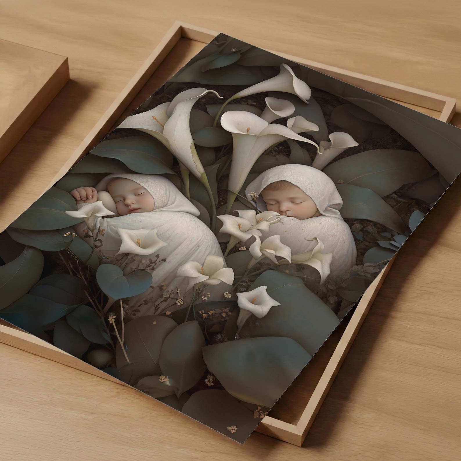 Art Print Showcase Of Sleeping Newborn In White Forest Blooms III, Vertical