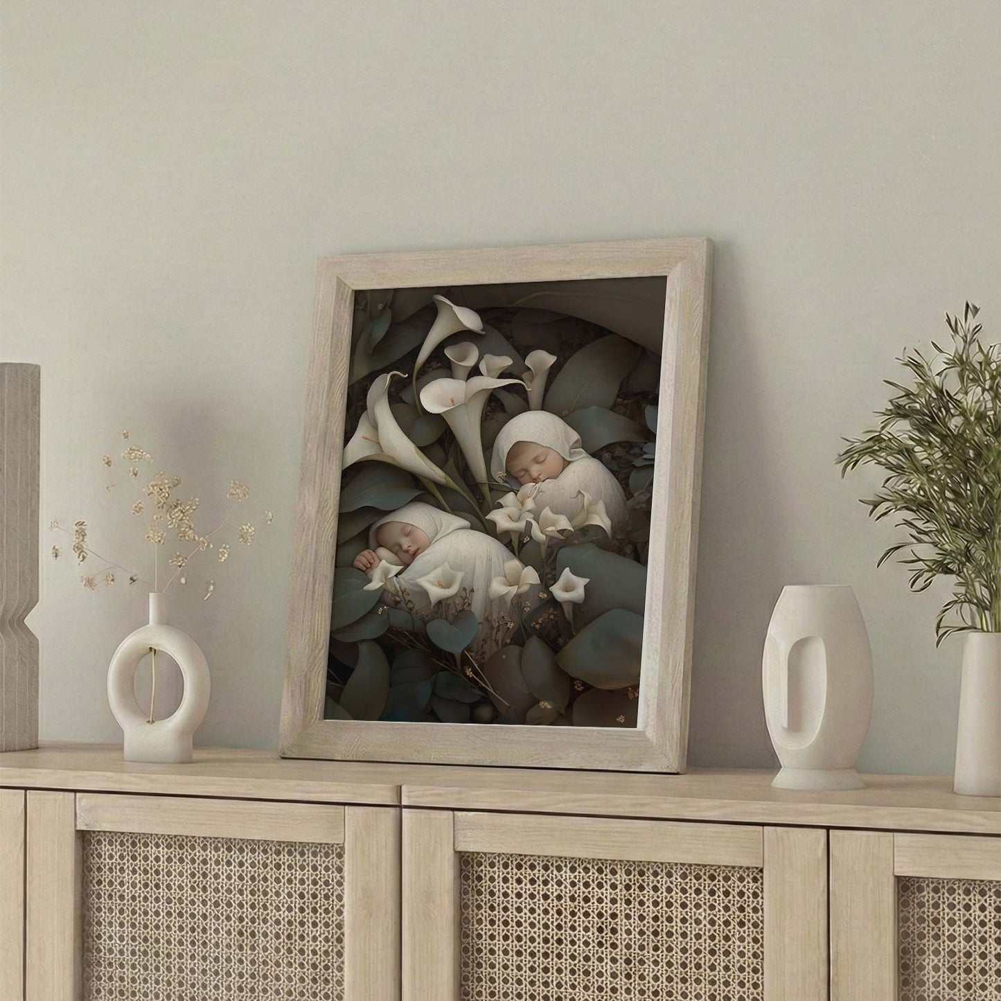 Framed Wall Art Of Sleeping Newborn In White Forest Blooms III, Vertical