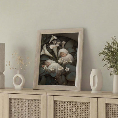 Framed Wall Art Of Sleeping Newborn In White Forest Blooms III, Vertical
