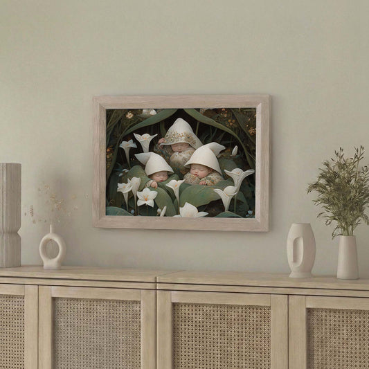 Framed Wall Art Of Sleeping Newborn In White Forest Blooms IV, Horizontal