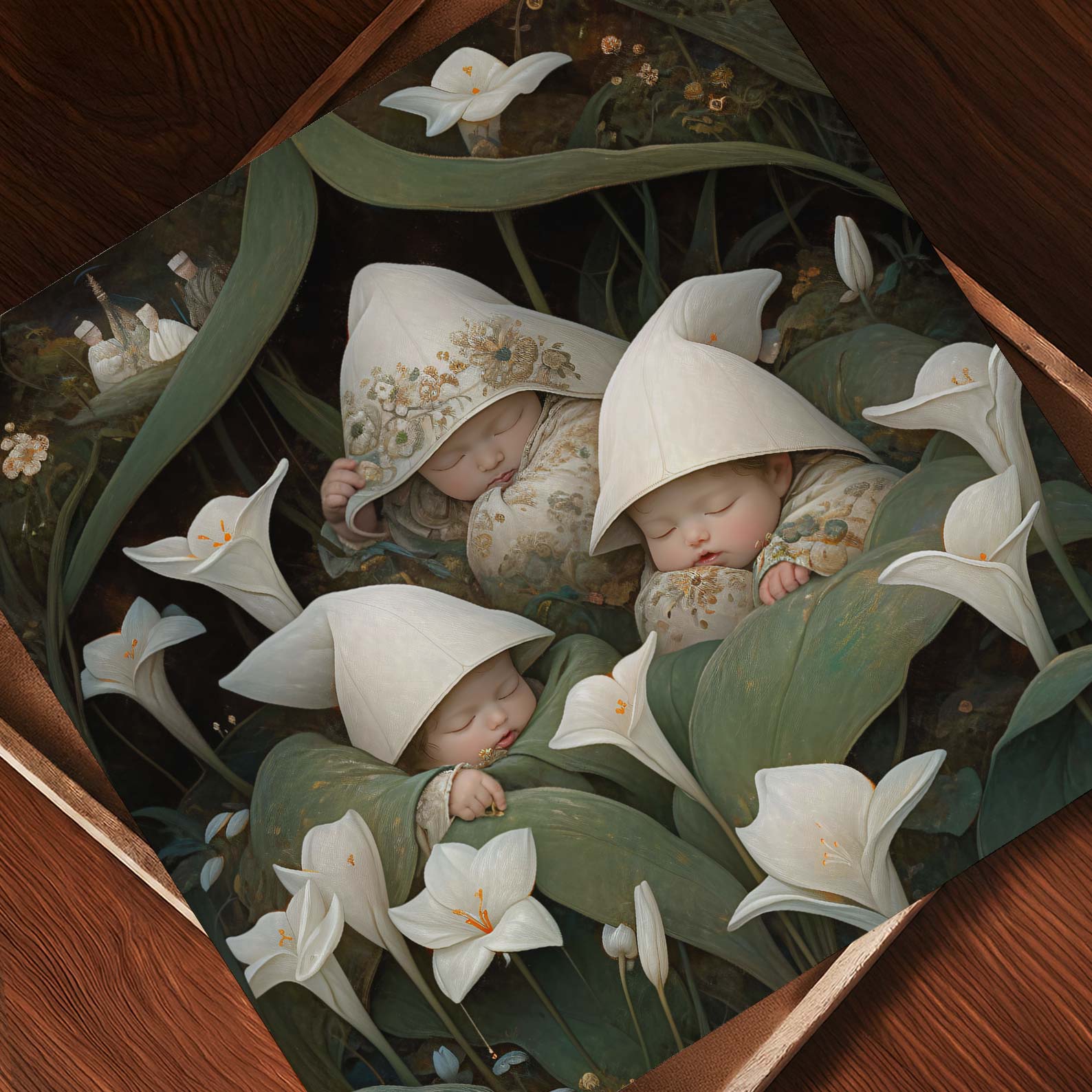 Art Print Showcase Of Sleeping Newborn In White Forest Blooms IV, Square