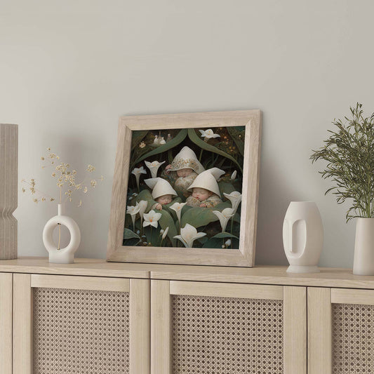 Framed Wall Art Of Sleeping Newborn In White Forest Blooms IV, Square