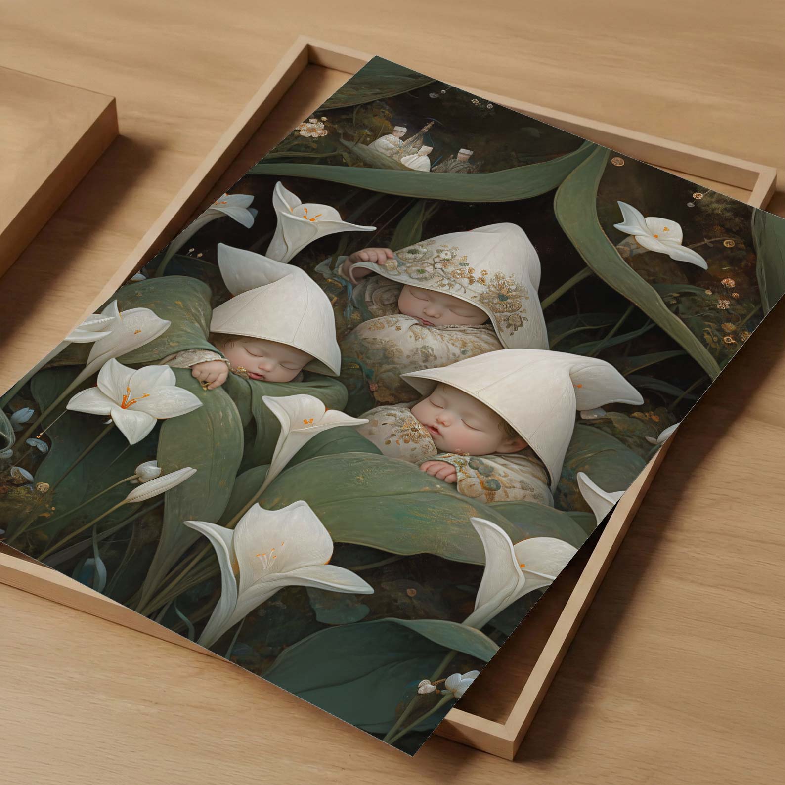 Art Print Showcase Of Sleeping Newborn In White Forest Blooms IV, Vertical