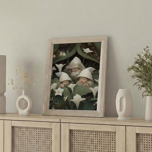 Framed Wall Art Of Sleeping Newborn In White Forest Blooms IV, Vertical