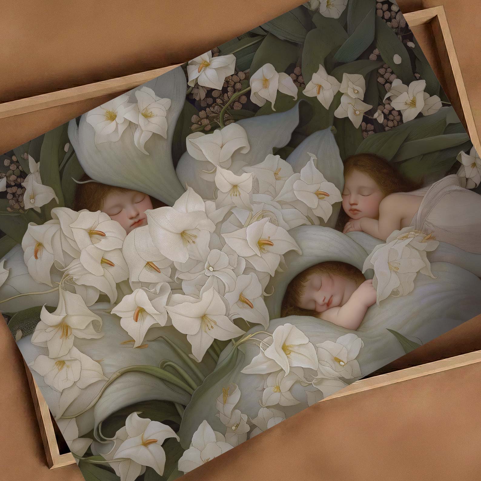 Art Print Showcase Of Sleeping Newborn In White Forest Blooms V, Horizontal