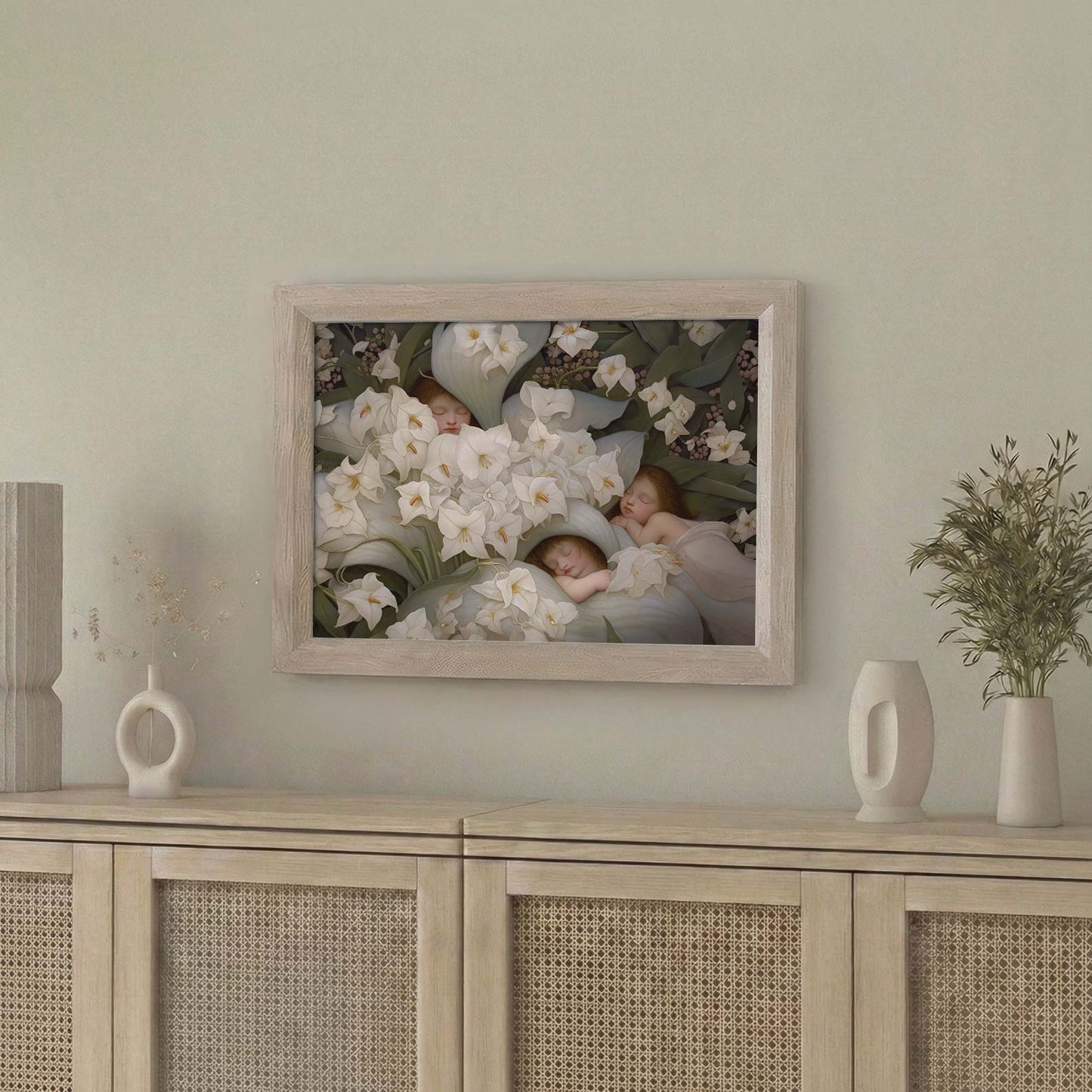 Framed Wall Art Of Sleeping Newborn In White Forest Blooms V, Horizontal