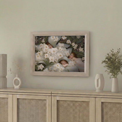 Framed Wall Art Of Sleeping Newborn In White Forest Blooms V, Horizontal