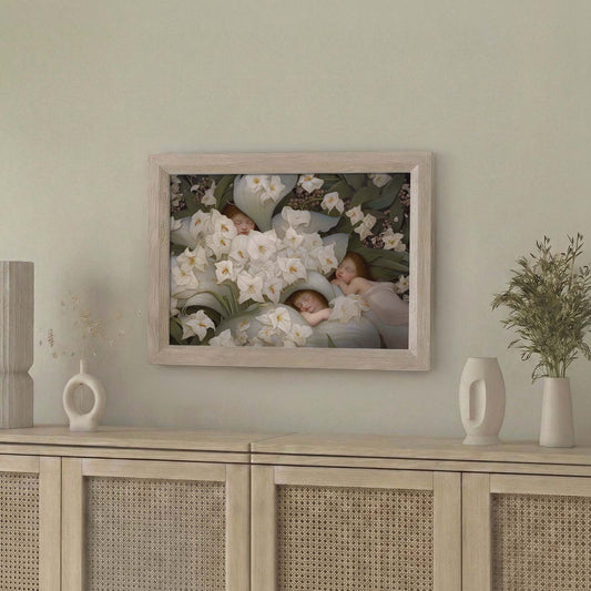 Framed Wall Art Of Sleeping Newborn In White Forest Blooms V, Horizontal