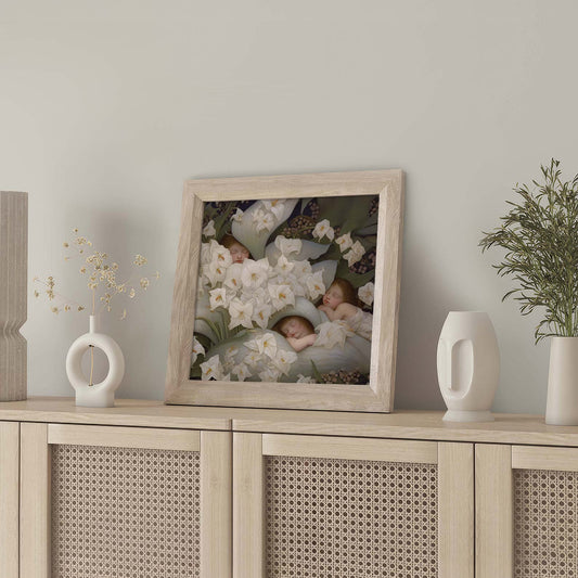 Framed Wall Art Of Sleeping Newborn In White Forest Blooms V, Square