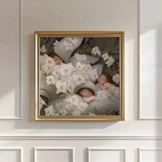 Sleeping Newborn In White Forest Blooms V, Wall Art, Square