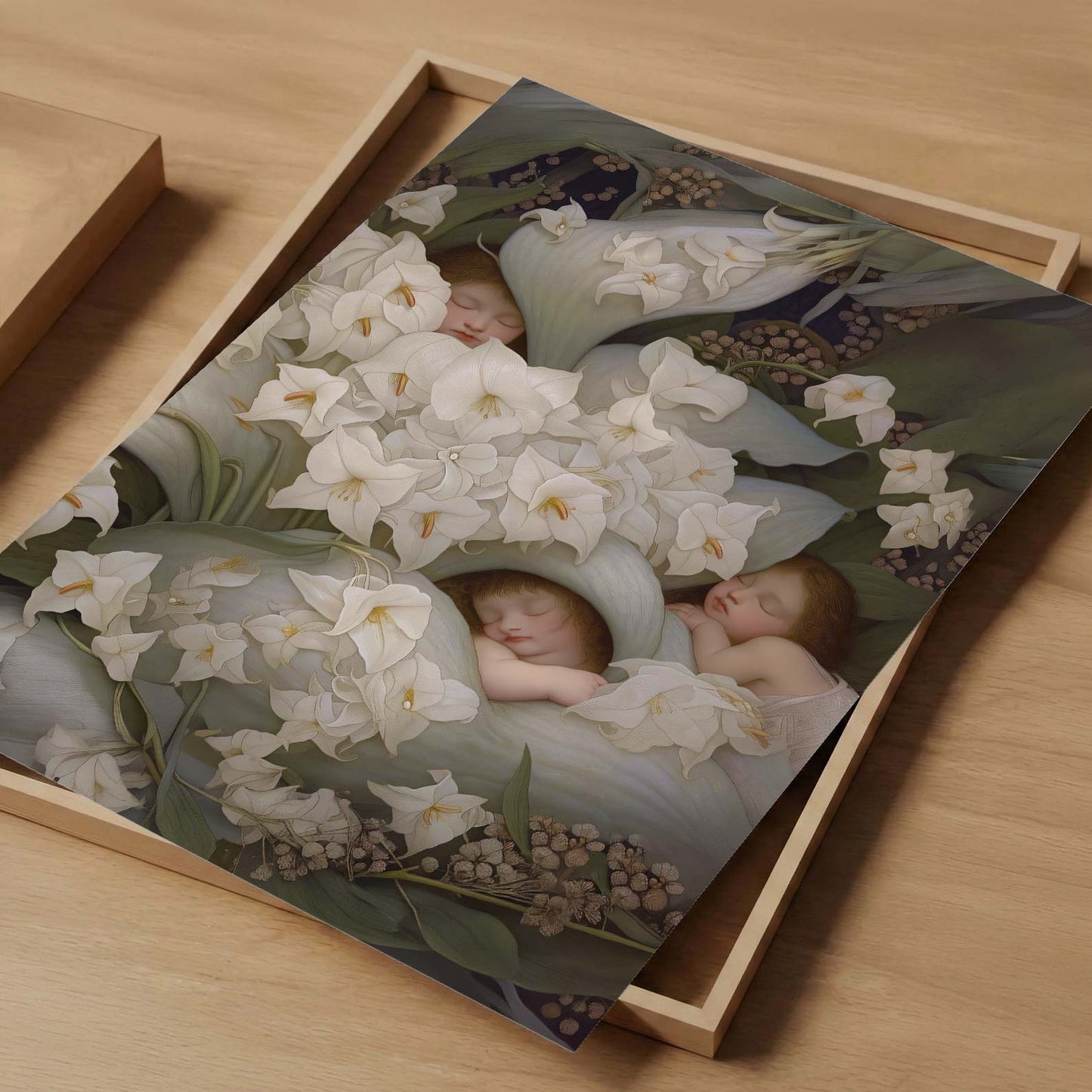 Art Print Showcase Of Sleeping Newborn In White Forest Blooms V, Vertical