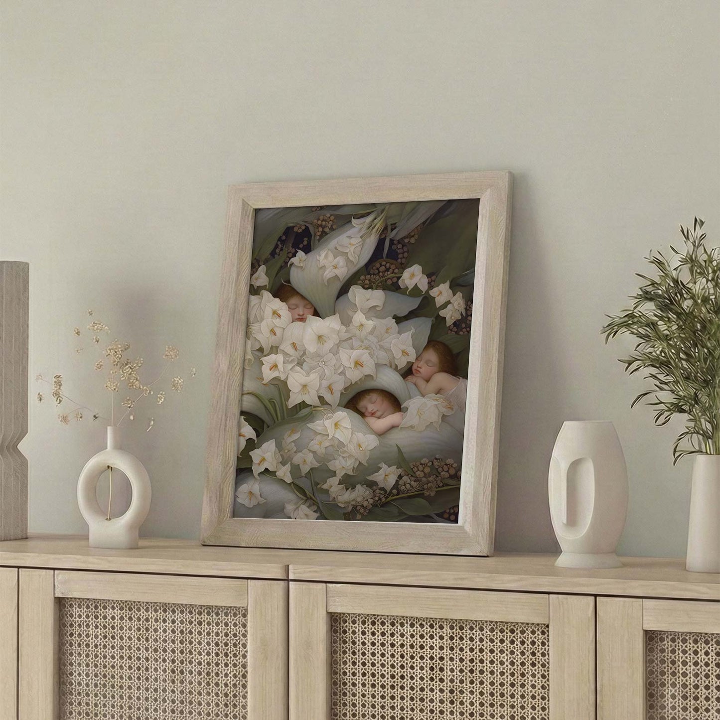 Framed Wall Art Of Sleeping Newborn In White Forest Blooms V, Vertical