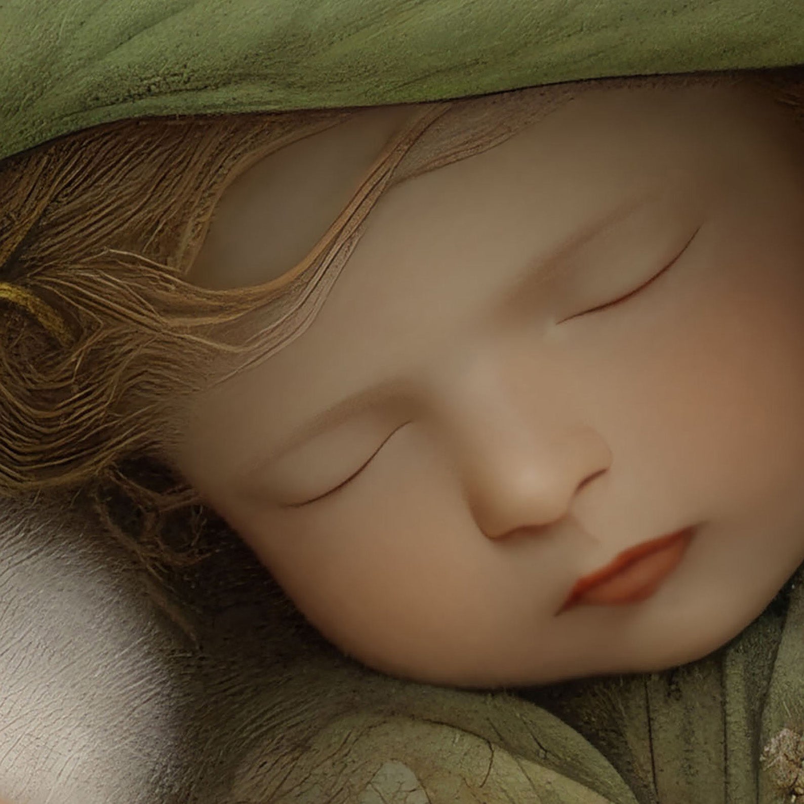 Extreme Close Up Detail Of Sleeping Newborn In White Forest Blooms I, Horizontal