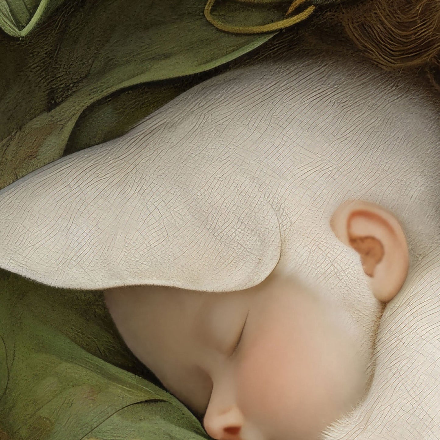 High Resolution Art Texture Of Sleeping Newborn In White Forest Blooms I, Horizontal