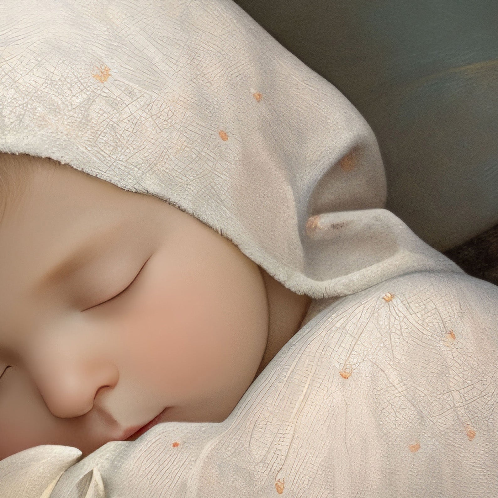 Extreme Close Up Detail Of Sleeping Newborn In White Forest Blooms III, Vertical