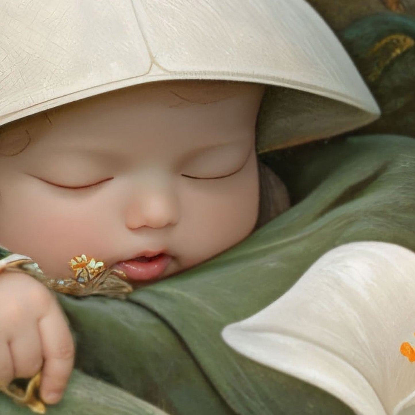 Extreme Close Up Detail Of Sleeping Newborn In White Forest Blooms IV, Square