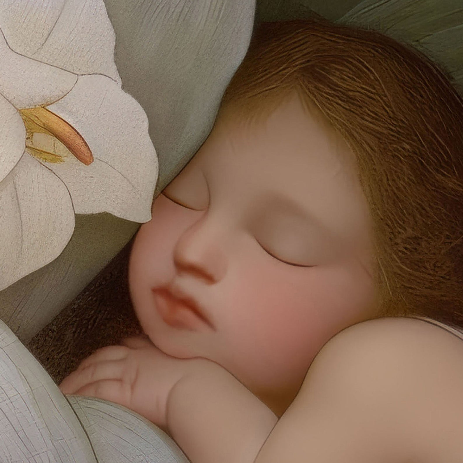 Extreme Close Up Detail Of Sleeping Newborn In White Forest Blooms V, Vertical