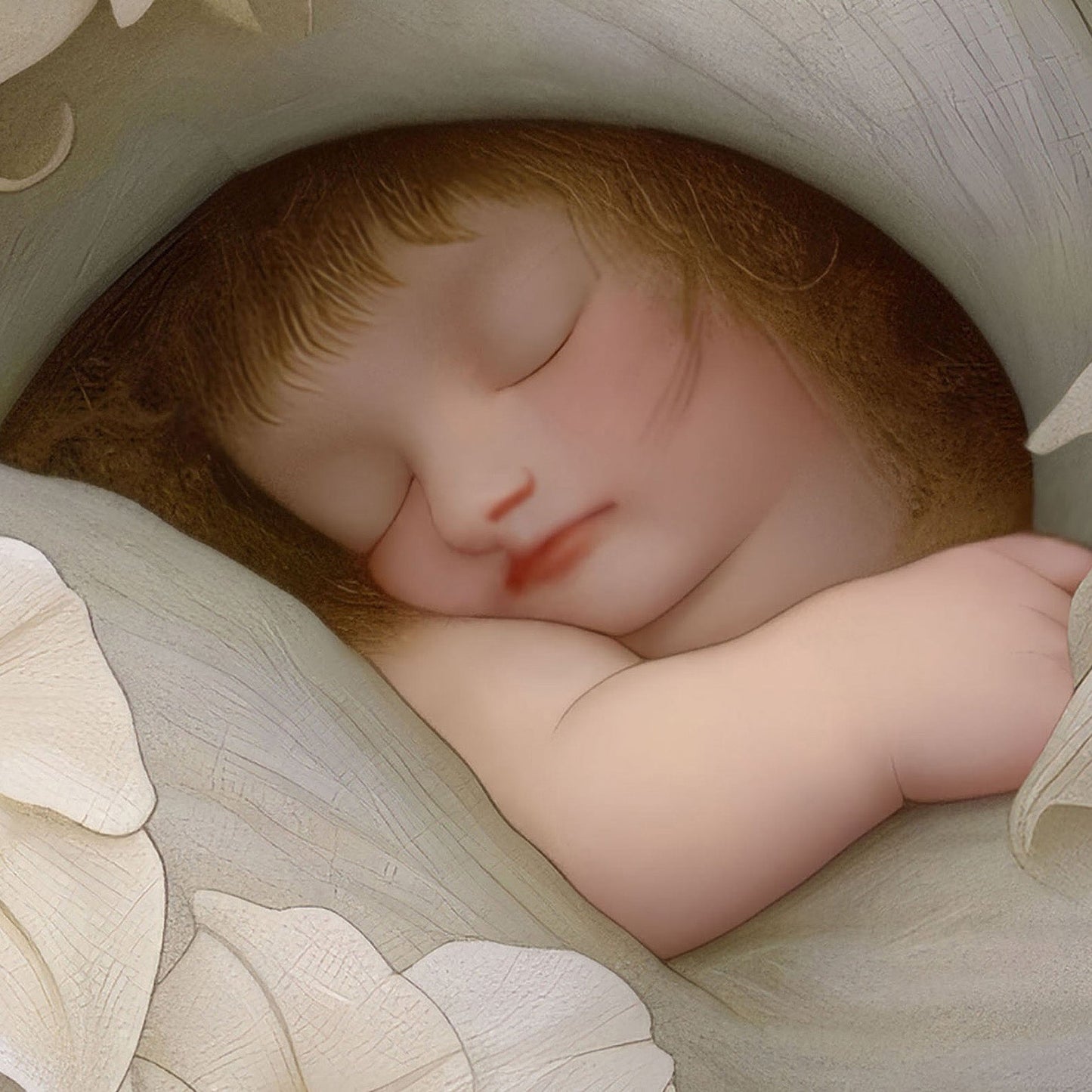 High Resolution Art Texture Of Sleeping Newborn In White Forest Blooms V, Vertical