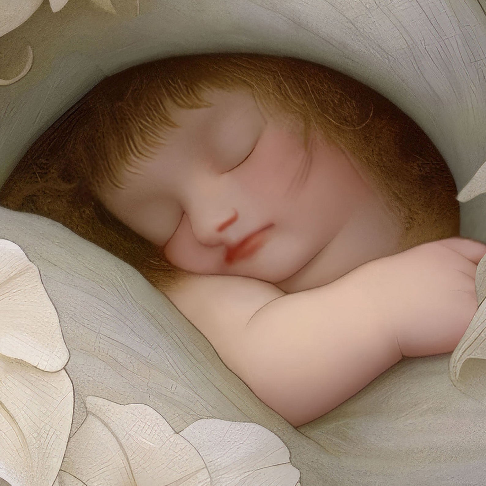 High Resolution Art Texture Of Sleeping Newborn In White Forest Blooms V, Vertical