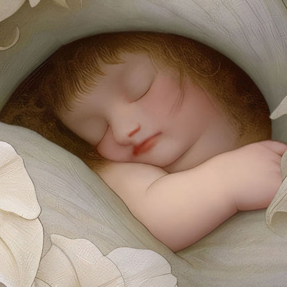 High Resolution Art Texture Of Sleeping Newborn In White Forest Blooms V, Vertical