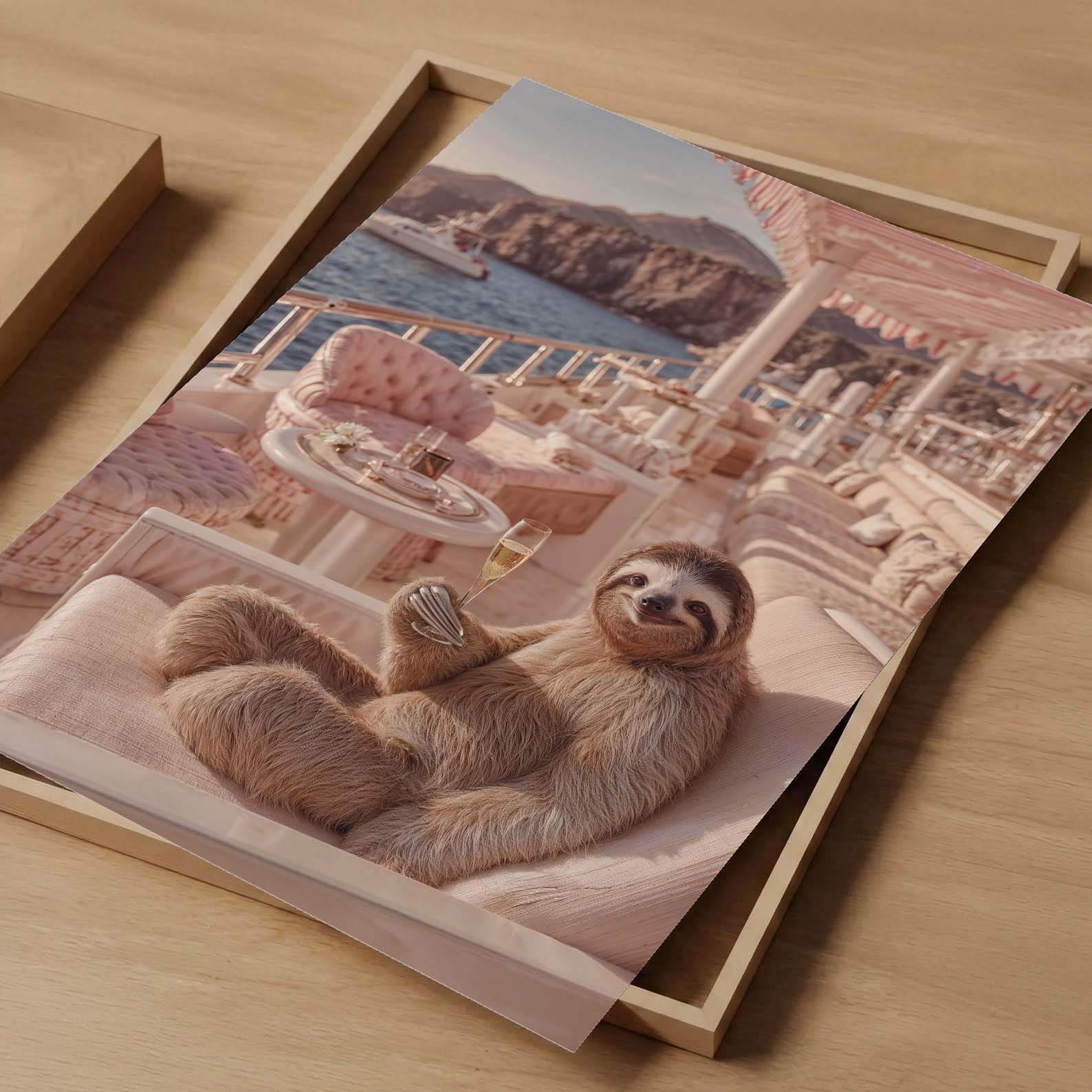 Sloth Voyage With Champagne, Vertical, Art Print