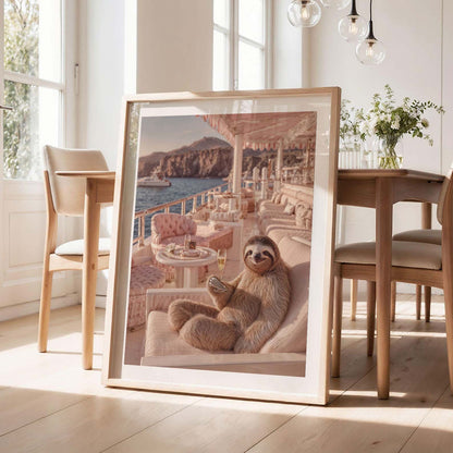 Sloth Voyage With Champagne, Vertical, Framed Art