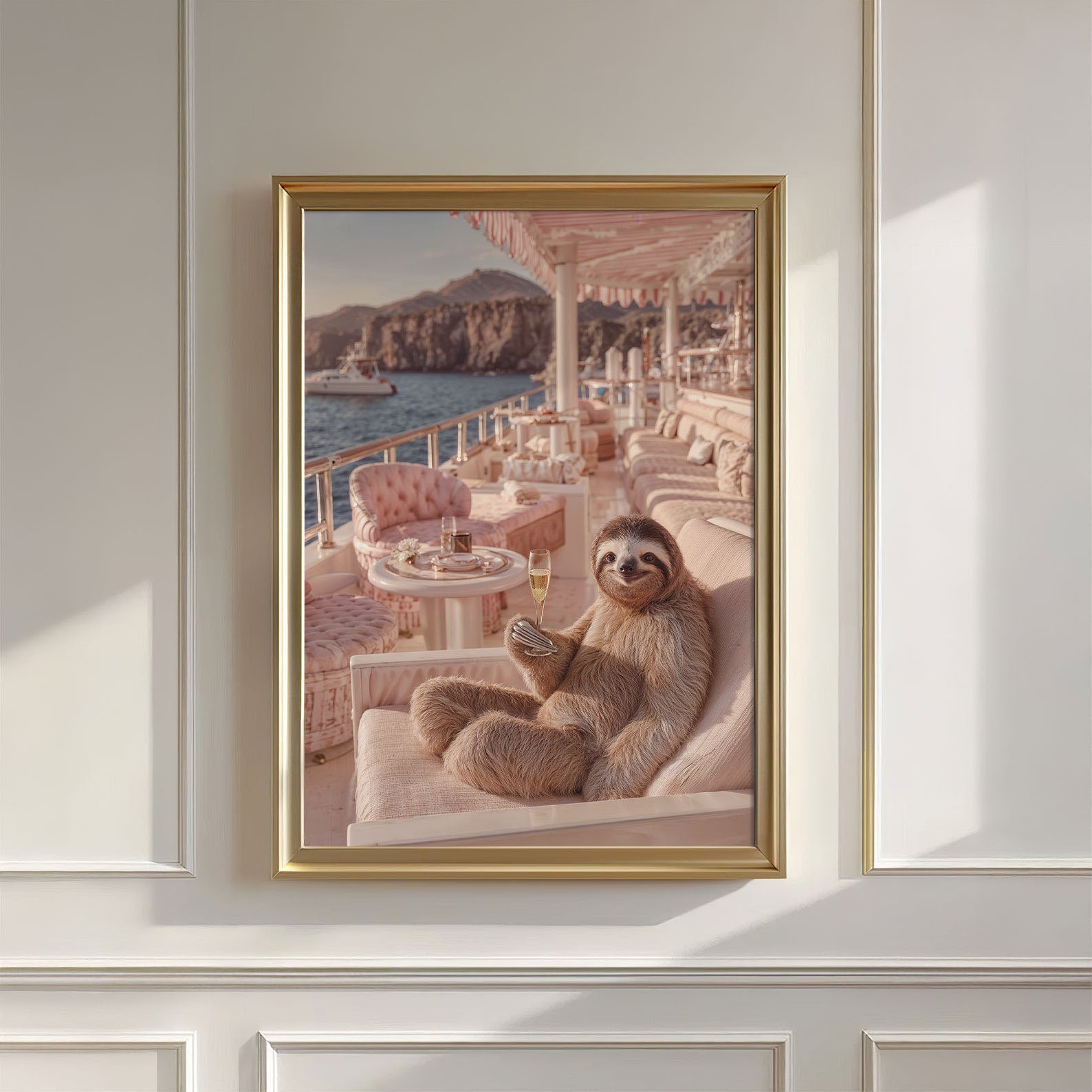 Sloth Voyage With Champagne, Vertical, Wall Art