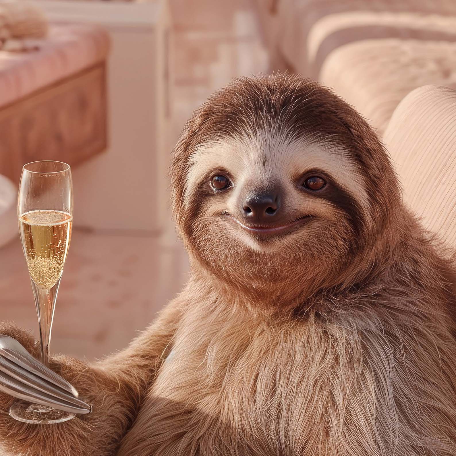 Extreme Close Up Detail Of Sloth Voyage With Champagne