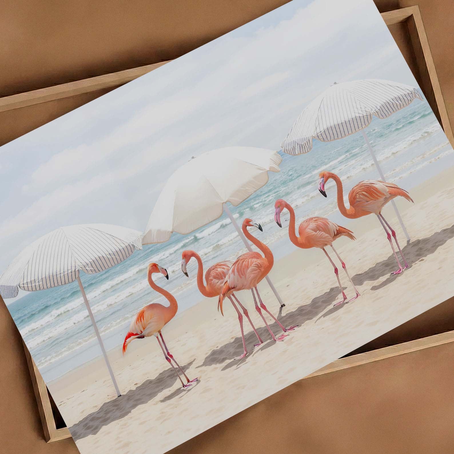 Sunny Beach Flamingos, Horizontal, Art Print