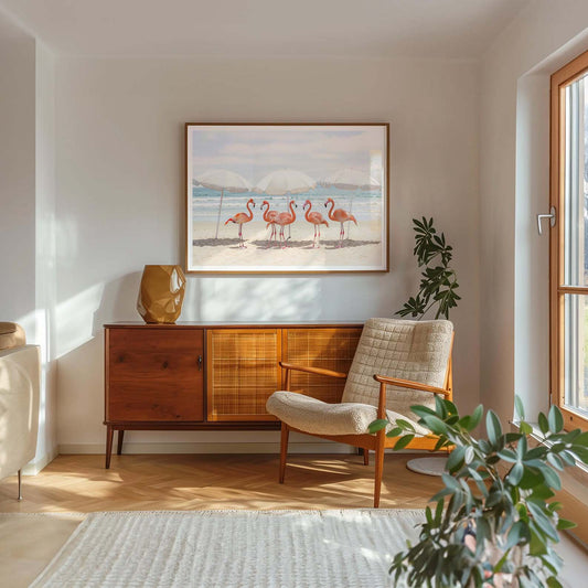 Sunny Beach Flamingos, Horizontal, Framed Art