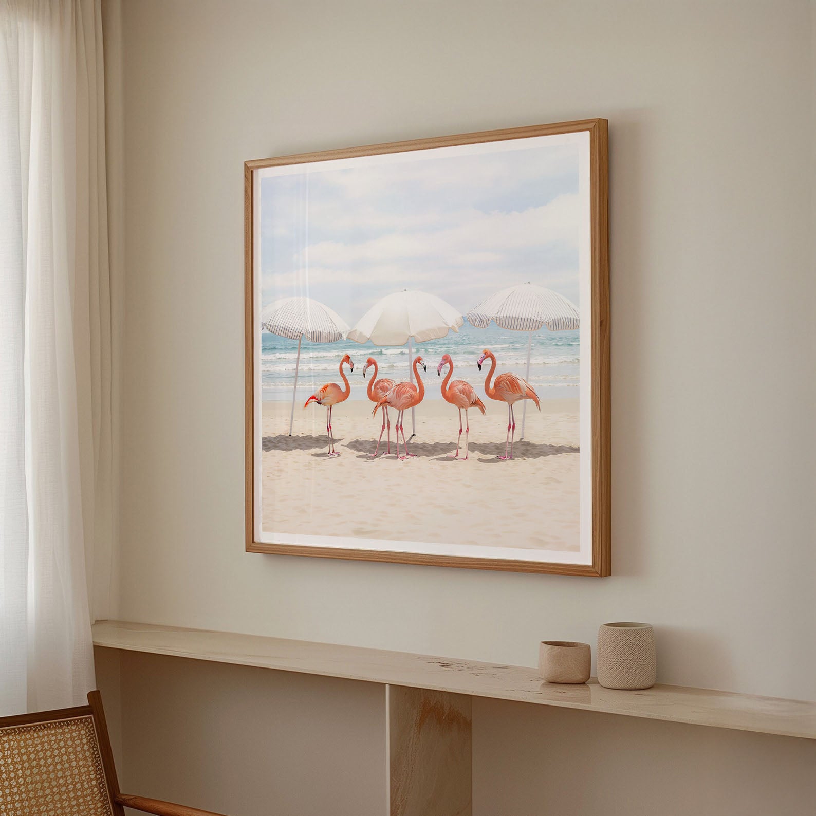 Sunny Beach Flamingos, Square, Framed Art