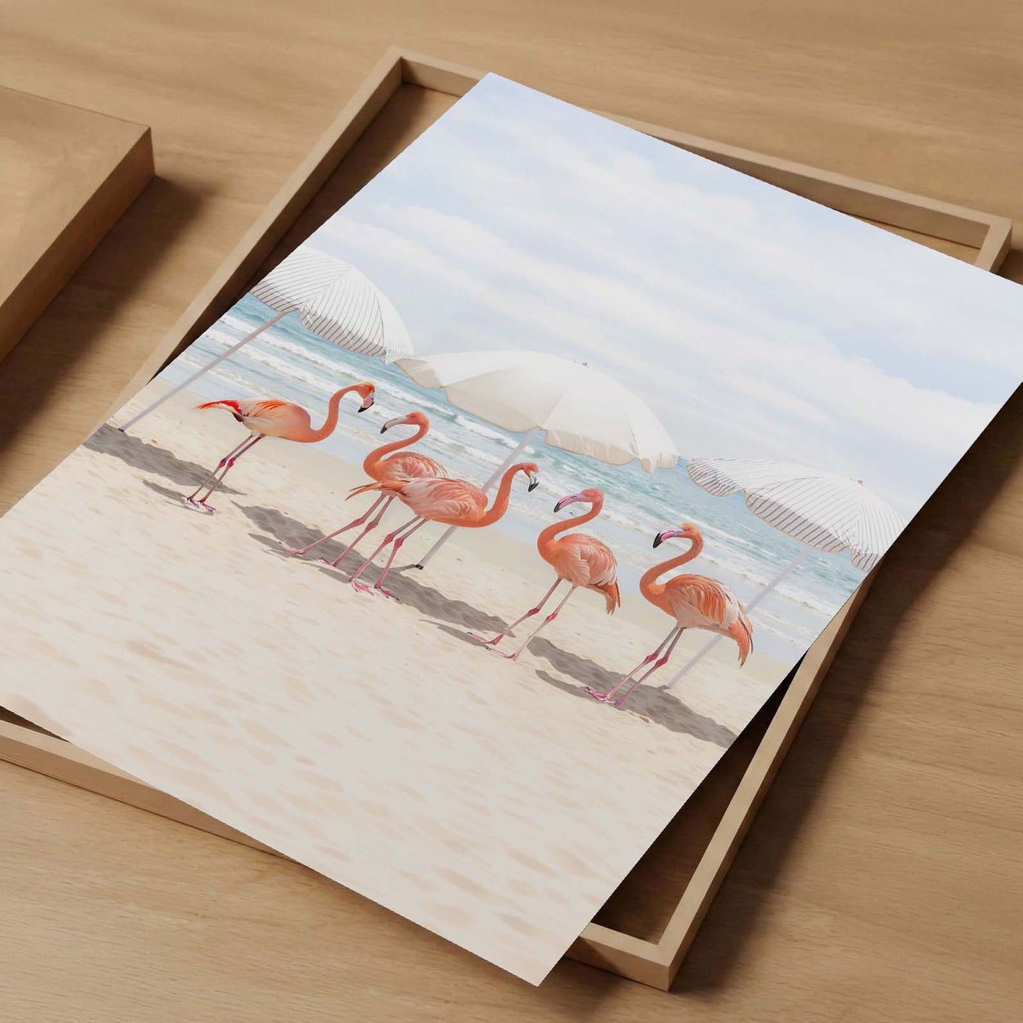 Sunny Beach Flamingos, Vertical, Art Print
