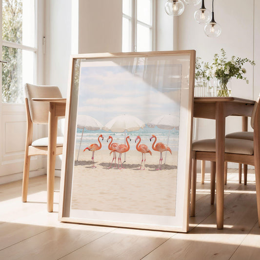Sunny Beach Flamingos, Vertical, Framed Art