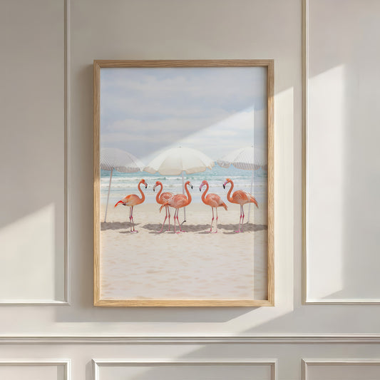 Sunny Beach Flamingos, Vertical, Wall Art