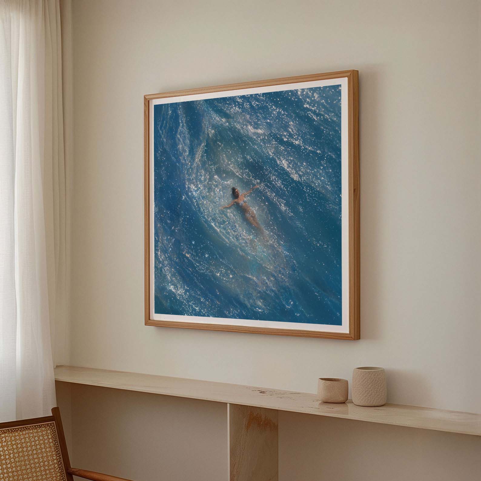 Swimmer In Ocean, Square, Framed Art
