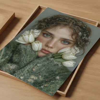 Woman With White Flowers, Vertical, Art Print