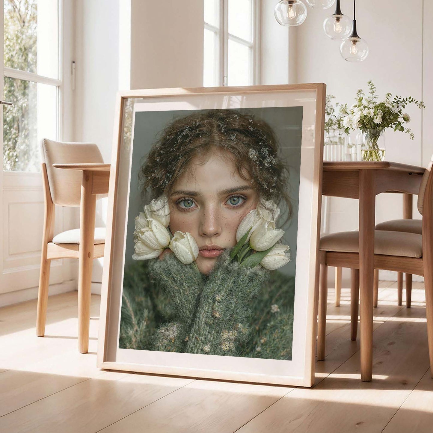 Woman With White Flowers, Vertical, Framed Art