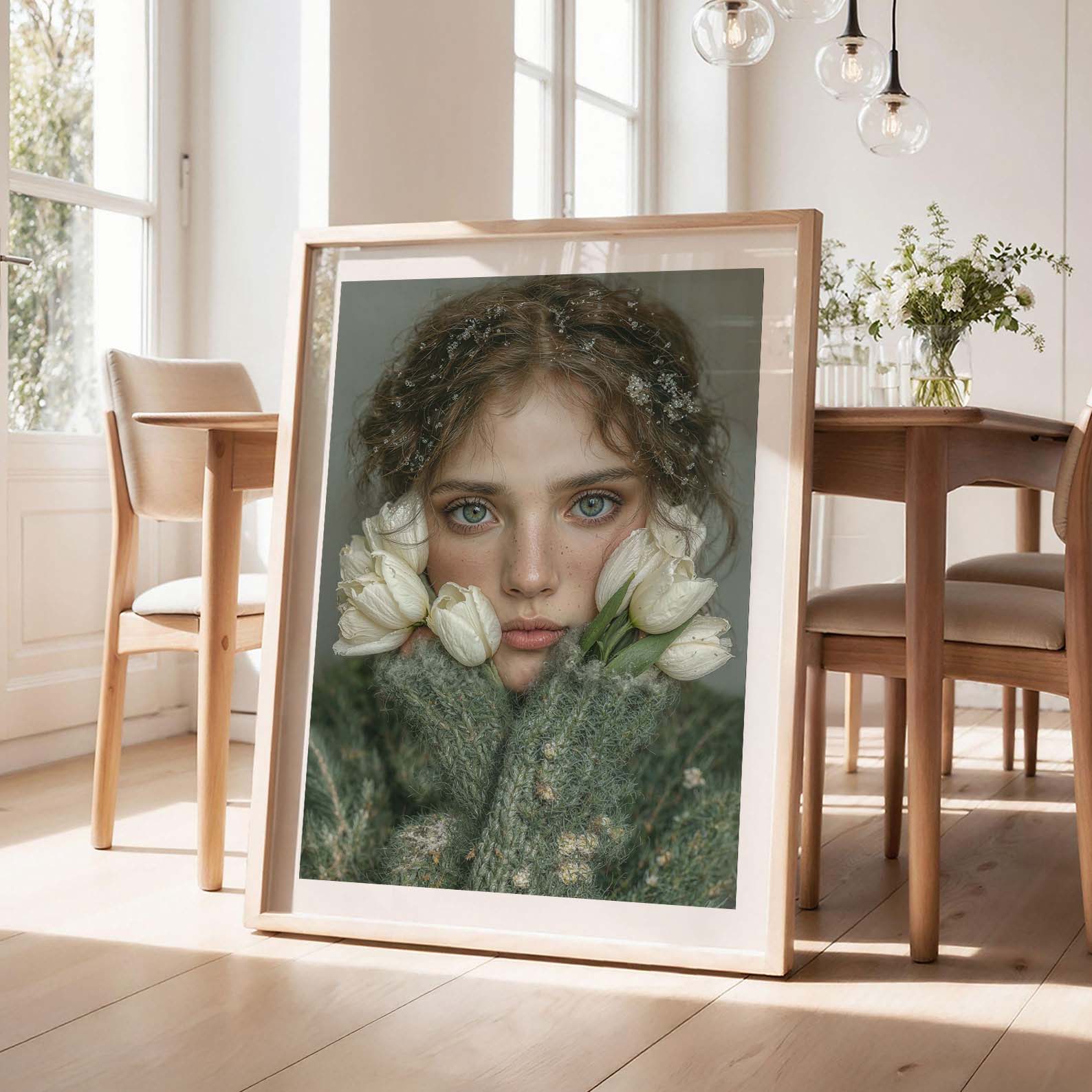 Woman With White Flowers, Vertical, Framed Art