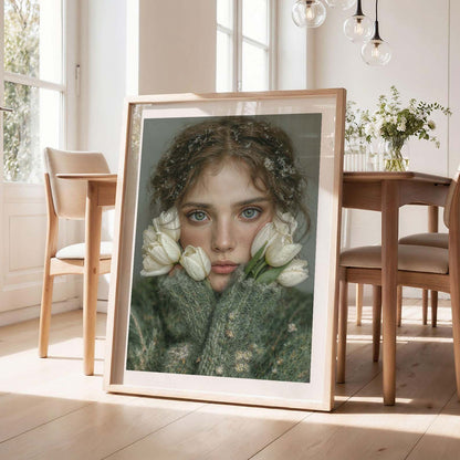 Woman With White Flowers, Vertical, Framed Art