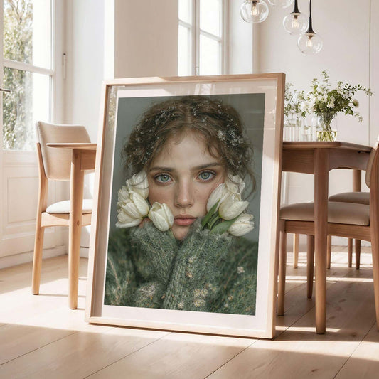 Woman With White Flowers, Vertical, Framed Art