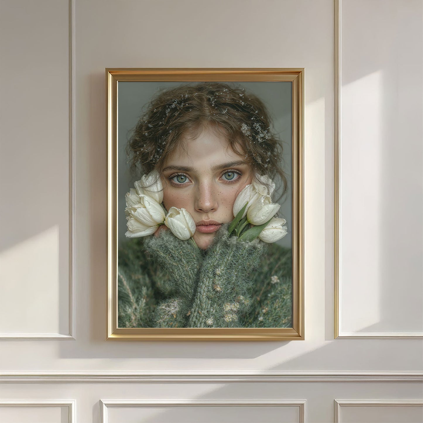 Woman With White Flowers, Vertical, Wall Art