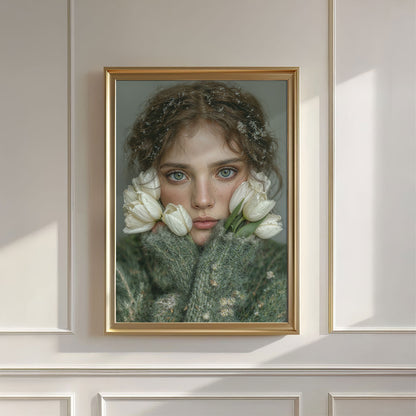 Woman With White Flowers, Vertical, Wall Art