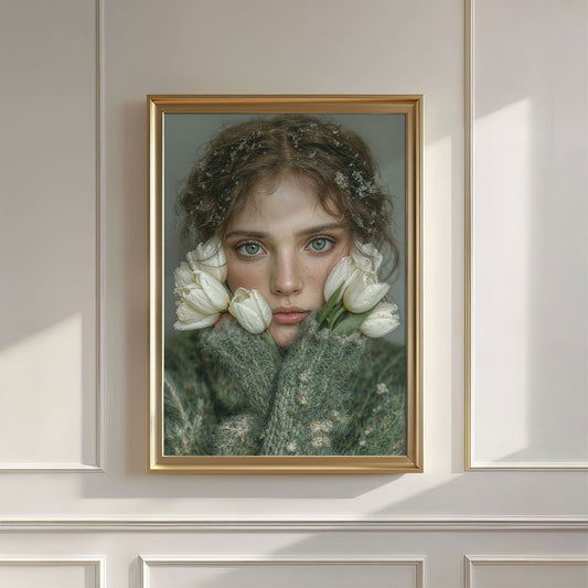 Woman With White Flowers, Vertical, Wall Art
