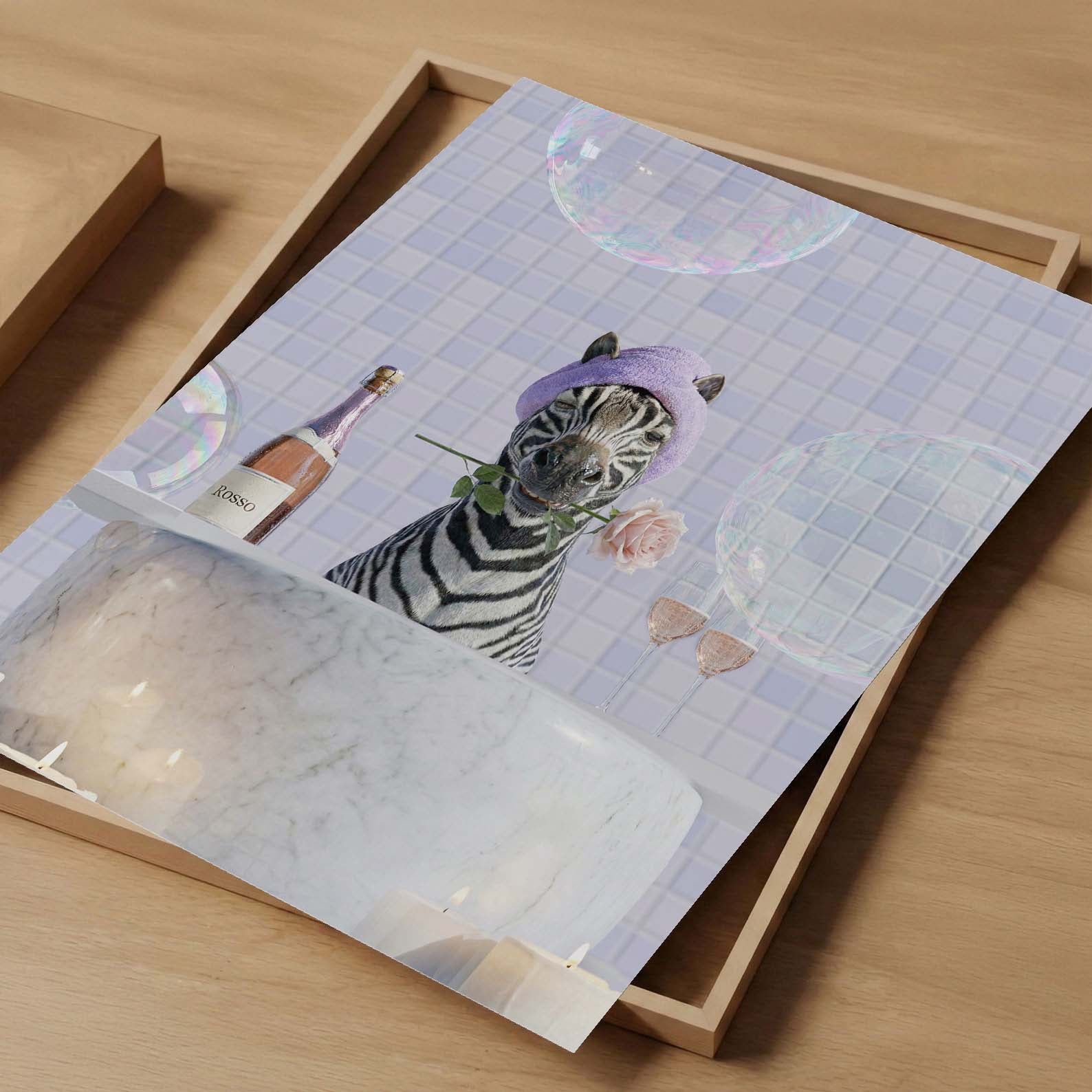 Zebra In Bathtub I, Vertical, Art Print