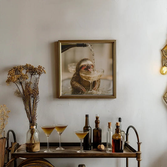 Sloth Binging on Champagne, Funny Wall Art - Mooon Gallery