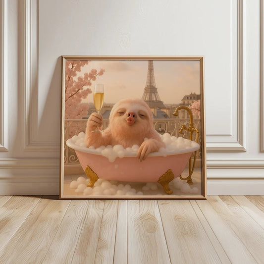 Sloth in Bathtub Print, Paris Home Decor, Funny Wall Art - Mooon Gallery