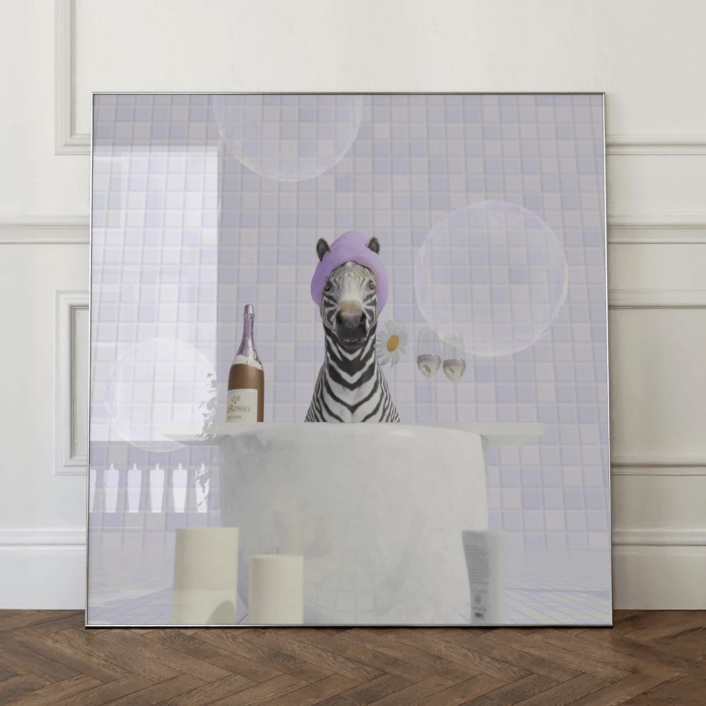 Zebra in Bathtub with Rosé Wine Print - Mooon Gallery